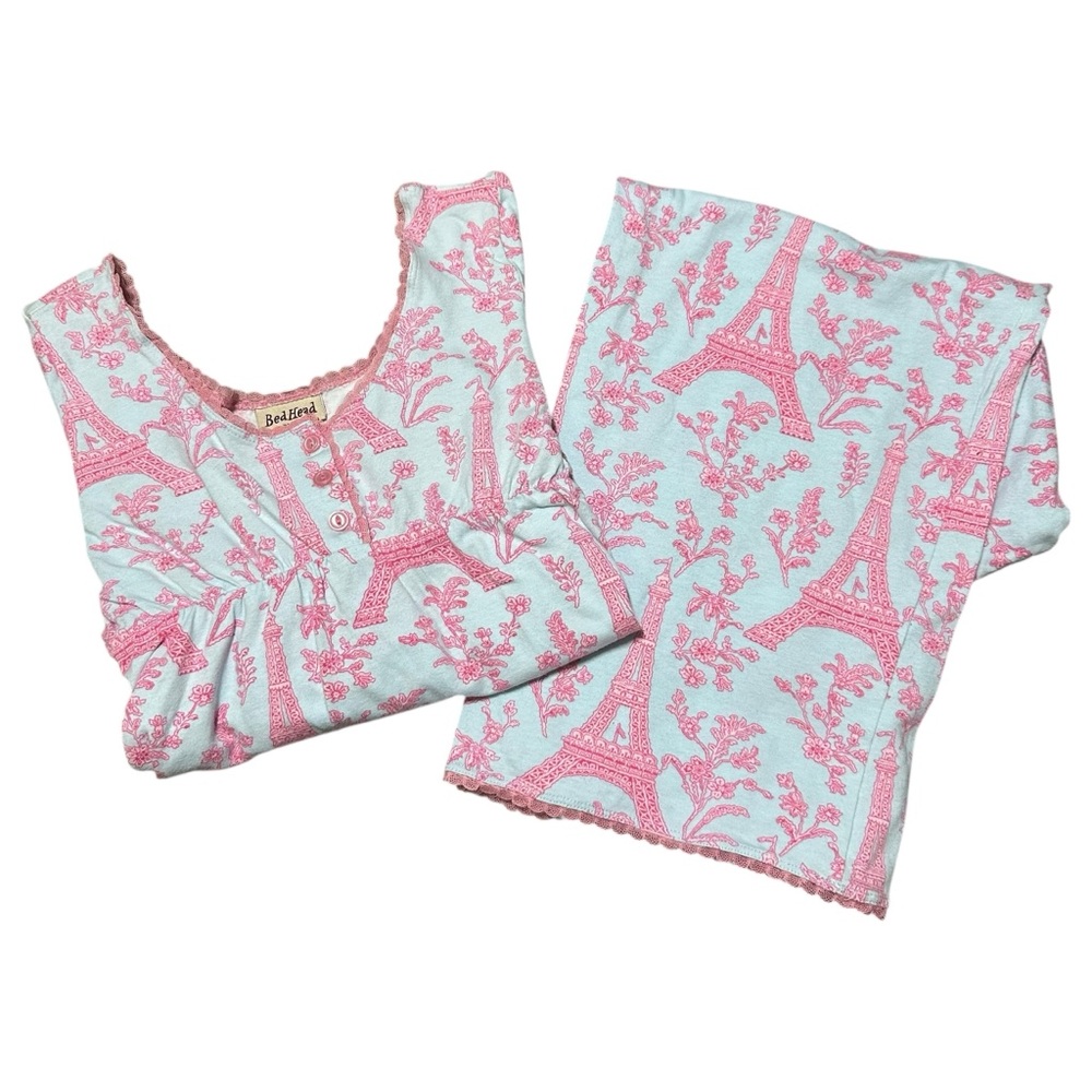 Rare Vintage BedHead Blue Pink Floral Eifle Tower Scallop Lace Hem Pajama Set, M